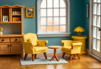 Miniature light yellow armchair & side table in dollhouse setting, decor, side table