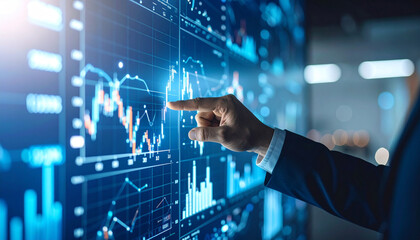 Analyzing Stock Market Data: Man points to a digital screen filled with complex financial charts and graphs, representing stock market data and investment analysis.