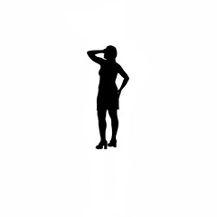Silhouette of woman standing with one hand behind neck in worry on white background
