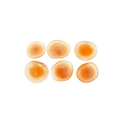 Stack of thin golden pancakes breakfast dessert isolated on white background