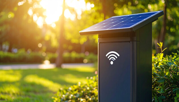 Solar-Powered Wireless Hub in Park: A sleek solar-powered wireless hub stands prominently in a vibrant park setting. Its design blends seamlessly with the environment, offering a sustainable solution.