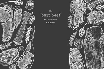 Butchery Shop Chalk Board Design Template. Vector Hand Drawn Meat Banner. Vintage Style Bar B Q Menu Illustration.