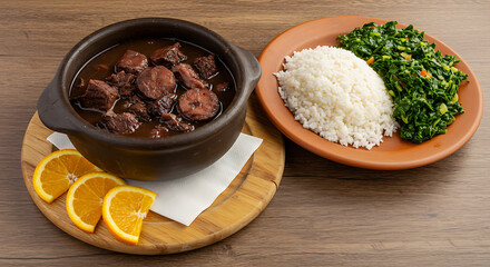A delicious and appetizing meal featuring feijoada, rice, greens and oranges served on a wooden plate, evoking feelings of satisfaction and indulgence.