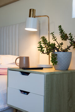 Wood nightstand sitting beside tufted headboard, lamp glowing, mug, phone, succulent showing leaves