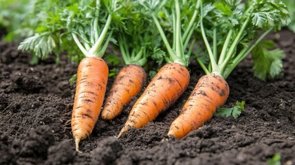 Freshly harvested carrots resting on dark soil.
