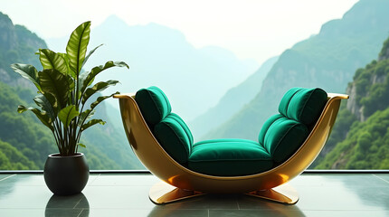 Stylish green cushioned chair in golden frame beside potted plant with misty mountains in background