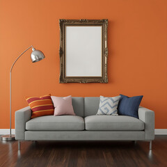 A modern living room features an orange wall, curved floor lamp, and a cozy grey sofa with colorful pillows, complete with a mock-up poster frame.
