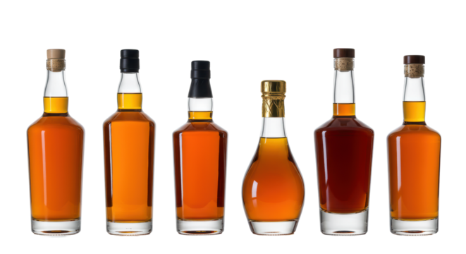 Six distinct clear glass bottles with luminous amber premium liquor, including various shapes and caps, arranged horizontally on a transparent studio background with copy space and no shadows, - Powered by Adobe