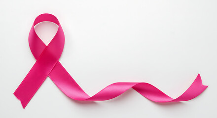 A pink ribbon, gracefully looped, floats in the serene, clean space, symbolizing awareness and support for the fight against breast cancer. The image conveys hope, solidarity.