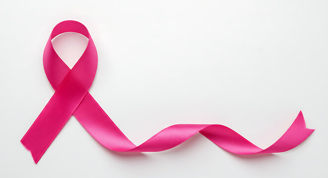 A pink ribbon, gracefully looped, floats in the serene, clean space, symbolizing awareness and support for the fight against breast cancer. The image conveys hope, solidarity. - Powered by Adobe