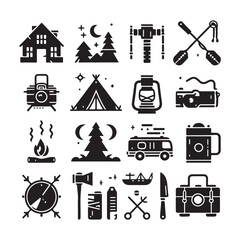 Camping elements set silhouette vector graphics