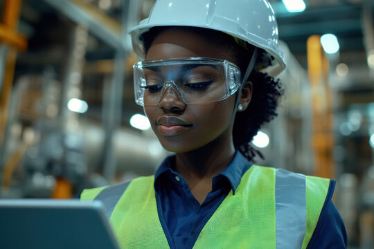 african american female engineer wearing safety helmet and glasses, examining tablet in industrial setting. concept of technology and engineering. industry professional at work. corporate brochure