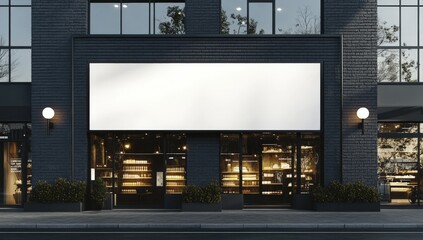 A modern storefront with a large blank sign above glass windows, showcasing a well-lit interior and symmetrical exterior lighting.