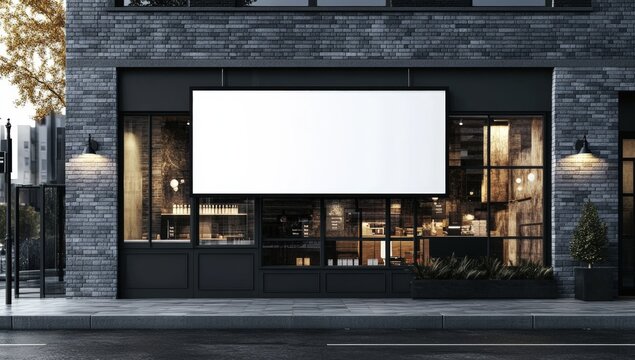 Fototapeta A modern black brick storefront with large windows features a blank white sign above the entrance, illuminated by wall-mounted lamps on either side.