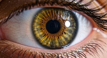 Close up of a vibrant green and brown hazel eye showing intricate iris patterns and a bright reflection of light emphasizing vision and perception