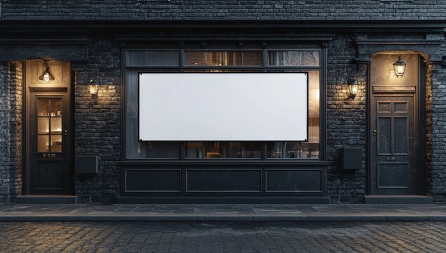 Dark brick building exterior with two doors and a large, blank white billboard illuminated by warm wall lamps on a cobblestone street at night.