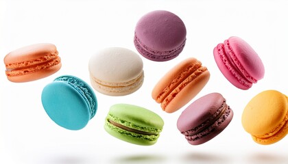 Obraz premium various colorful of macarons floating on the air isolated on a white background