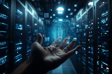 Human hand interacting with futuristic holographic data interface in a server room