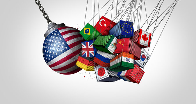 USA Global Trade Crisis as a US and international Trade conflict with American Economic Protectionism and Isolationism disrupting the world economy as a wrecking ball with cargo containers.