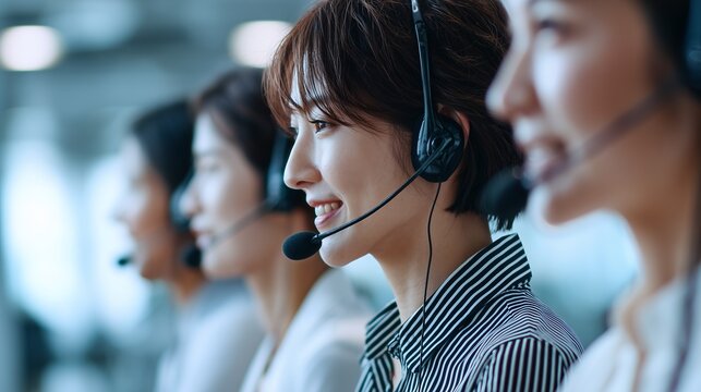 Asian women professionals wearing headsets in a modern call center environment, providing customer service, concept for customer support, communication solutions and telemarketing services