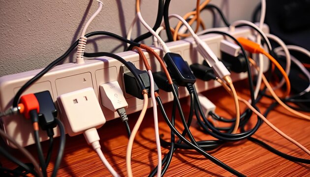 Multiple devices plugged into a heavily-loaded power strip, cords tangled,  overloaded,  power