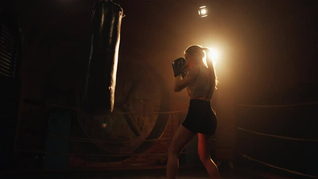 Young adult woman exercising in gym, punching bag in boxing ring, vertical video, slow motion. Intense cardio workout in fitness club, fat burning and developing endurance, healthy lifestyle and sport