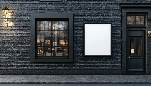 Fototapeta A modern black brick building facade with a lit wall lamp, a large window, a blank white sign, and a dark door with glass panes.