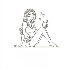 Monoline icon of a person reclining with headphones and book in hand