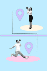 Sketch image trend artwork montage 3D photo collage of businesswoman stand young man run talk...