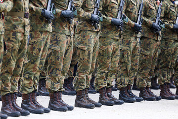 Uzbrojeni żołnierze w szeregu w mundurach Armia Polska.  © FotoDax