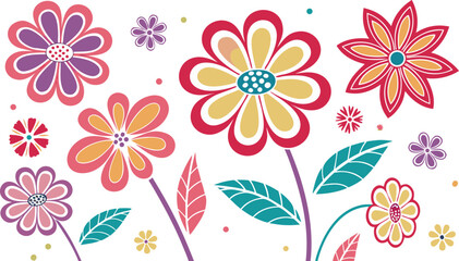 Obraz premium Mod flowers vector graphics. mod flower border patterns. vector flowers. A seamless vector pattern of colorful, abstract mod-style flowers.
