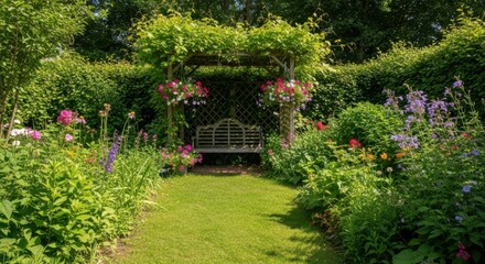 Beautiful Summer Garden Path with Flowers and Seating Area Inviting Relaxation