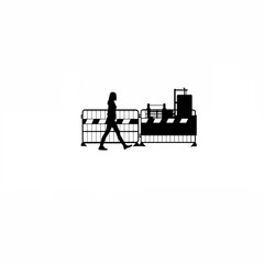 Silhouette of woman walking beside barricade in facility area on white background