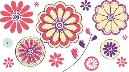 Fototapeta premium Mod flowers vector graphics. mod flower border patterns. vector flowers. A seamless vector pattern of colorful, abstract mod-style flowers.