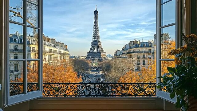 Romantic Paris View from Open Window, Eiffel Tower and Cityscape in Autumn Scenery