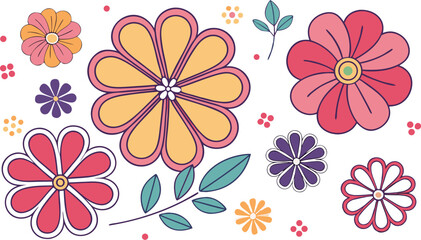 Obraz premium Mod flowers vector graphics. mod flower border patterns. vector flowers. A seamless vector pattern of colorful, abstract mod-style flowers.