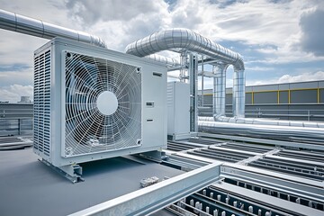 An air conditioning system on the roof of an industrial building, with air vents