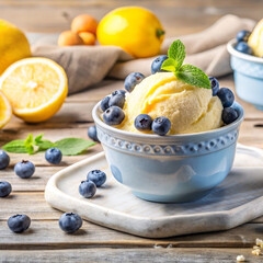 Sugar free lemon blueberry protein ice cream with antioxidant rich toppings, fitness friendly treat, fitness recovery dessert for active lifestyles