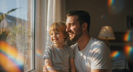 photo of happy father and son looking out the window
