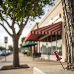 Red pushpin stuck in concrete curb on sidewalk in front of shops