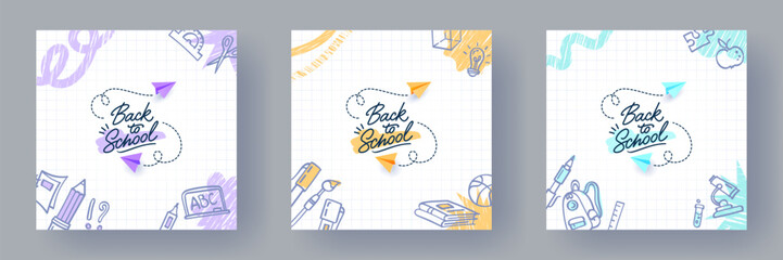Back to School square banners, backgrounds. Creative posters with hand drawn illustrations, paper planes, doodle drawings on white checkered notebook paper. Web ad templates, educational concept.