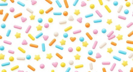Scattered Colorful Candy Sprinkles Pattern on White Background