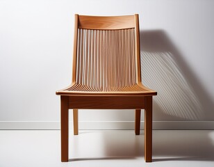 wooden chair with slatted backrest on white background showcasing simple design aesthetics