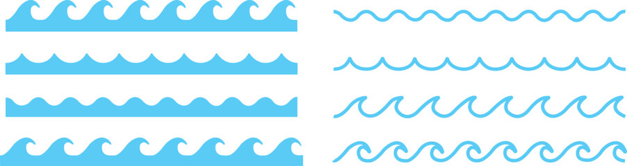 Blue water wave vector icons set, ocean, sea, ripple, and surf abstract collection, decorative and fluid graphic group, editable design elements for beach, nature, marine, creative background projects
