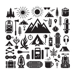 Camping elements set silhouette vector graphics