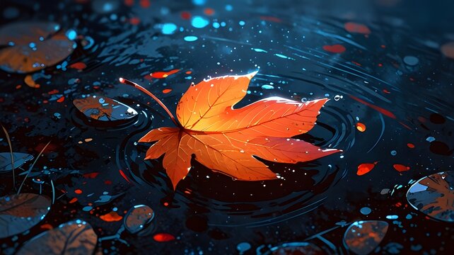 A Single Autumn Leaf on Water: A large, vibrant autumn leaf, showcasing brilliant reds and deep oranges, floats perfectly still on the surface of a dark, calm puddle. The water acts as a mirror.