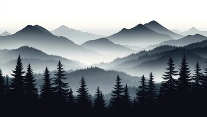 Obraz premium A serene layered mountain landscape with dense pine forests and misty valleys, depicted in monochromatic tones.