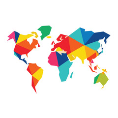 Vibrant and modern abstract geometric world map illustration with bold colors and clean lines