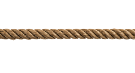 Single sturdy brown natural fiber rope with twisted strands and visible texture, perfectly taut and stretched horizontally against a transparent background with bright, even lighting, concept of