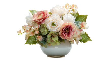 Obraz premium Artificial flower arrangement in vase background isolated on a Transparent background, PNG file.